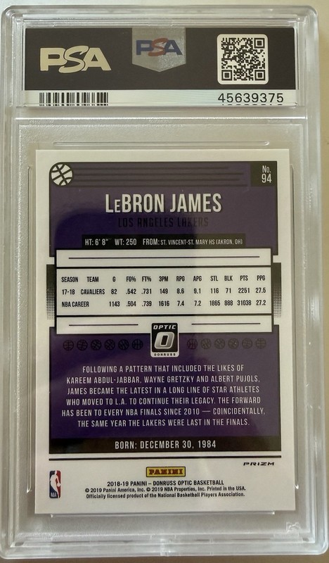 2018-19 Panini Donruss LeBron James #94 Holo PSA 9 LA Lakers Mint view 2