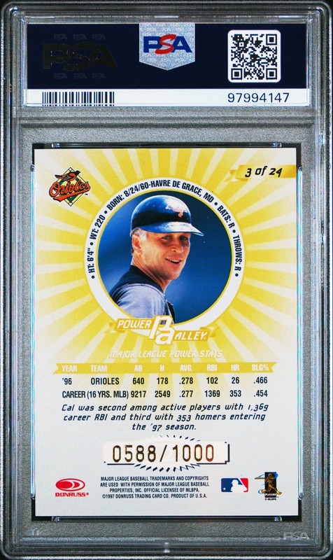 1997 Donruss Cal Ripken Jr. #3 Power Alley GOLD 588/1000 Orioles PSA 10 view 2