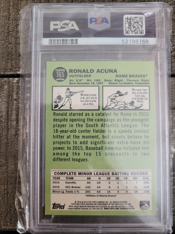2016 TOPPS HERITAGE MINOR LEAGUE #165 RONALD ACUNA JR. RC PSA 9 view 2