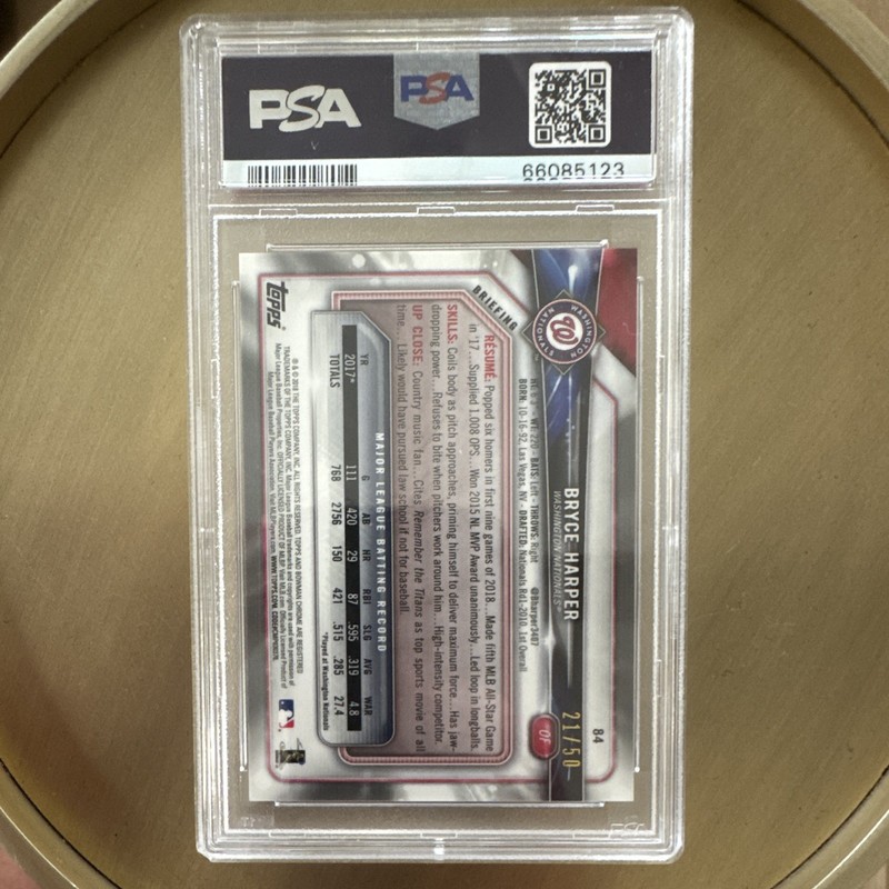 Bowman 2018 Chrome Bryce Harper #84 Gold Refractor /50 PSA 9 Nationals view 2