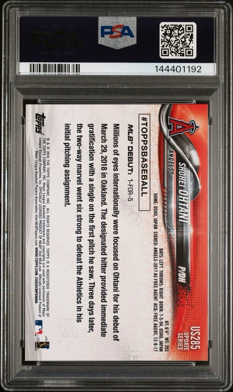 2018 Topps Shohei Ohtani Rookie #US285 PSA 10 view 2