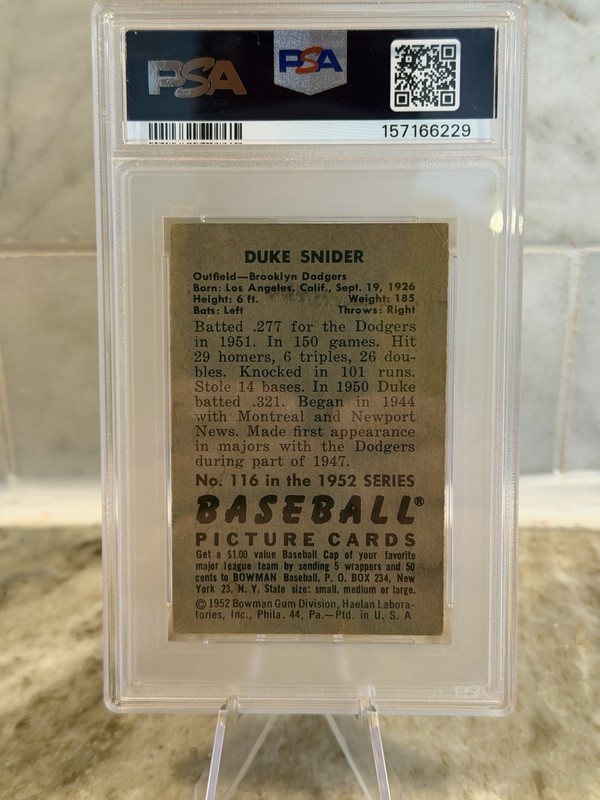 DUKE SNIDER 1952 BOWMAN BASEBALL CARD #116 PSA 2 GOOD BROOKLYN DODGERS HOF view 2