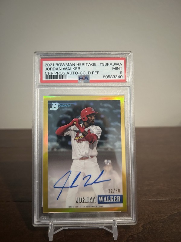 Jordan Walker 2021 Bowman Heritage Gold Auto 22/50PSA 9 ST. Louis Cardinals
