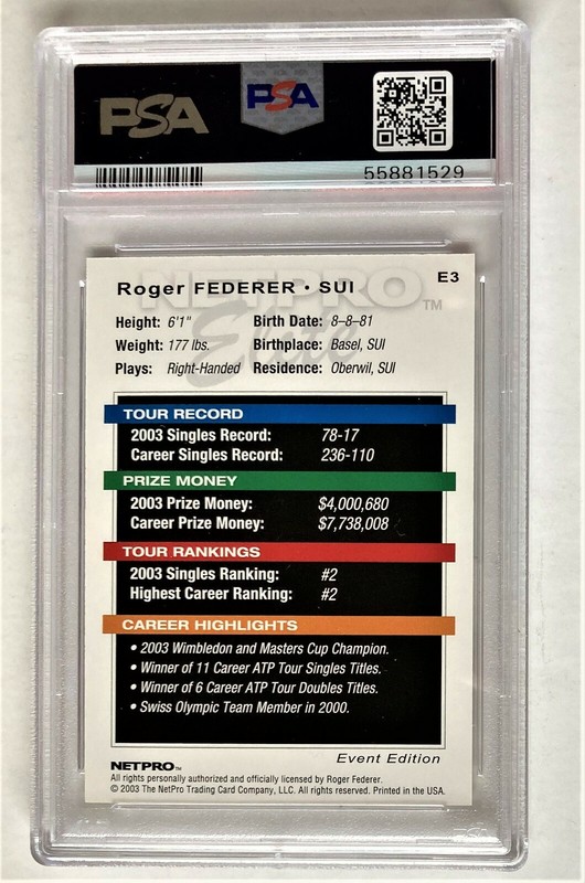 2003 NETPRO ELITE EVENT EDITION ROGER FEDERER #E3 SHORT PRINT RC PSA 10 view 2
