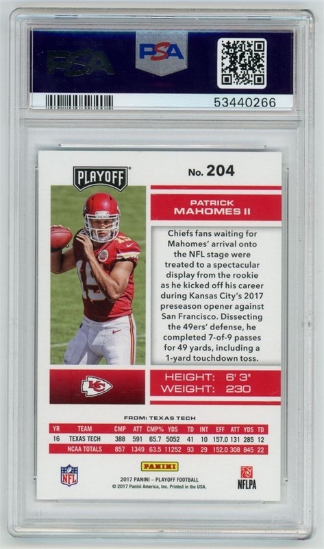 Panini 2017 Playoff Patrick Mahomes RC Rookie GOAL LINE #204 PSA 10 view 2