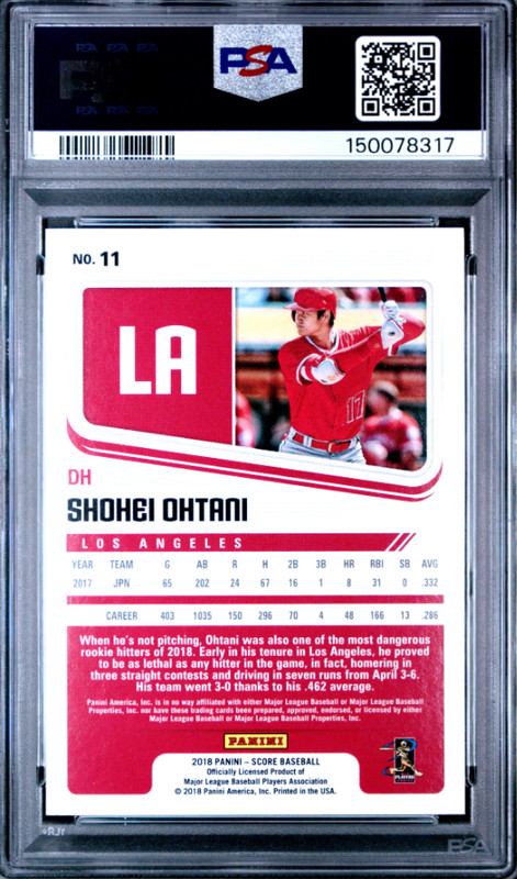 2018 Panini Chronicles Score Shohei Ohtani Rookie #11 PSA 10 view 2