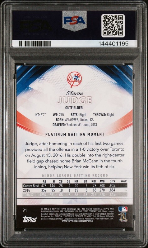 2017 Bowman Platinum Aaron Judge Rookie Purple /250 #91 PSA 9 view 2
