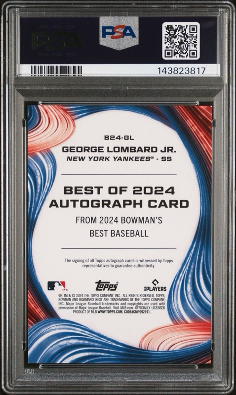 2024 GEORGE LOMBARD JR BOWMANS BEST PROSPECT AUTO AUTOGRAPH PSA 10 GEM MINT view 2