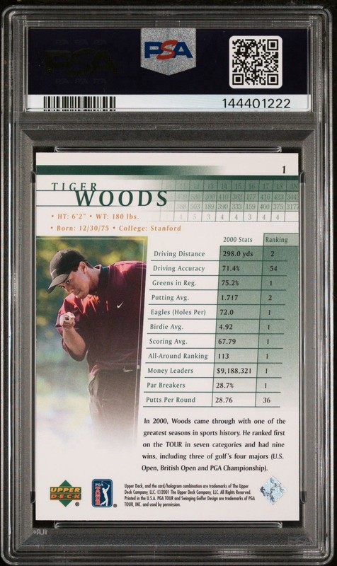 2001 Upper Deck Golf Tiger Woods Rookie #1 PSA 9 view 2