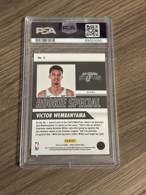 2023-24 Panini NBA Hoops - Rookie Special Victor Wembanyama #3 (RC) PSA 9 view 2