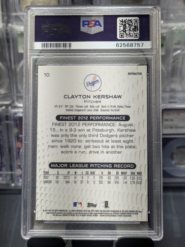 CLAYTON KERSHAW 2013 Topps Finest #10 PSA 10 GEM MINT Population of 16 In PSA 10 view 2