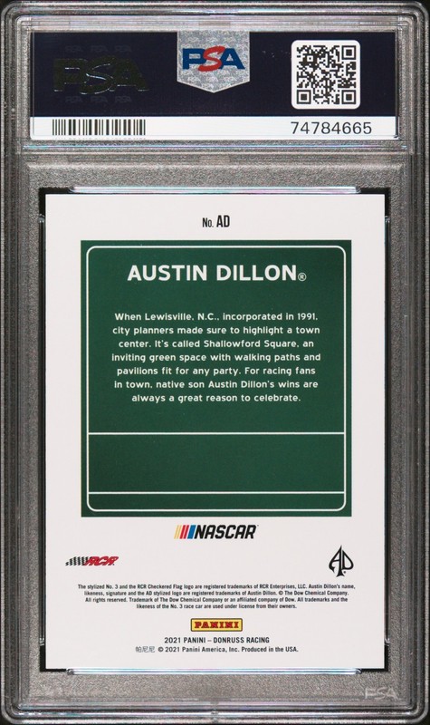 2021 Panini Donruss Racing - Downtown - Austin Dillon #AD PSA 10 GEM MINT view 2