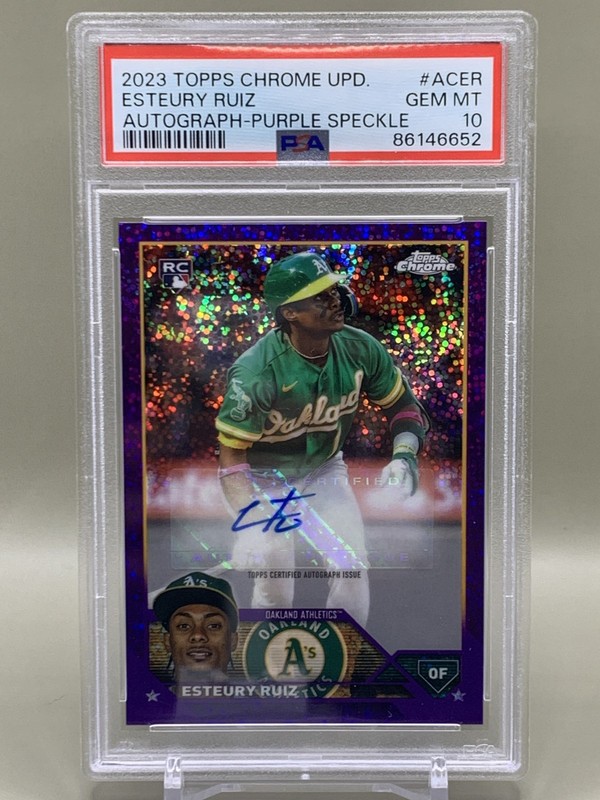 2023 Topps Chrome Update Esteury Ruiz Rookie Auto Purple Speckle /299 PSA 10