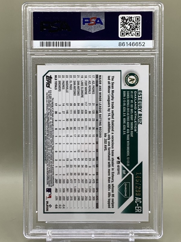 2023 Topps Chrome Update Esteury Ruiz Rookie Auto Purple Speckle /299 PSA 10 view 2