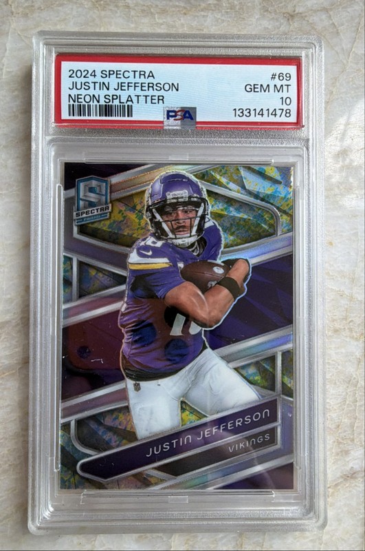 🔥🔥JUSTIN JEFFERSON /8 PSA 10🔥🔥2024 Panini Spectra  #69 Neon Splatter Prizm
