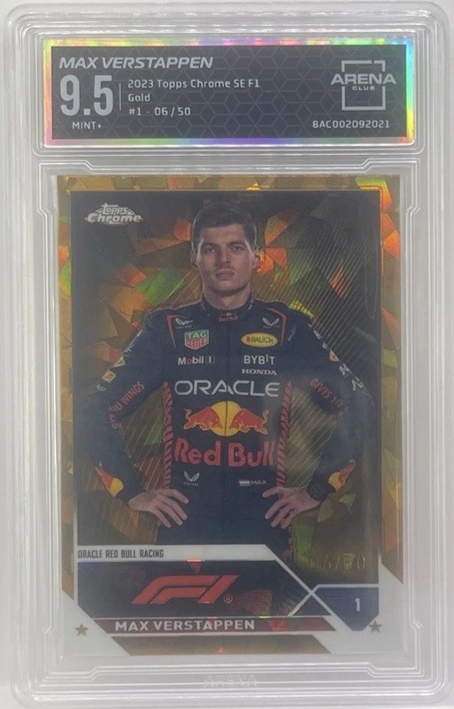 2023 Topps Chrome F1 Max Verstappen #1 Gold Sapphire Portrait #/50 ARENA 9.5 SSP