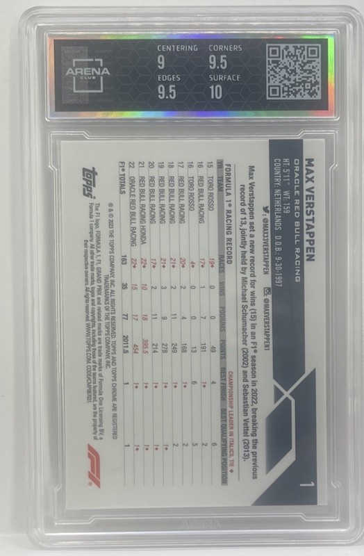 2023 Topps Chrome F1 Max Verstappen #1 Gold Sapphire Portrait #/50 ARENA 9.5 SSP view 2