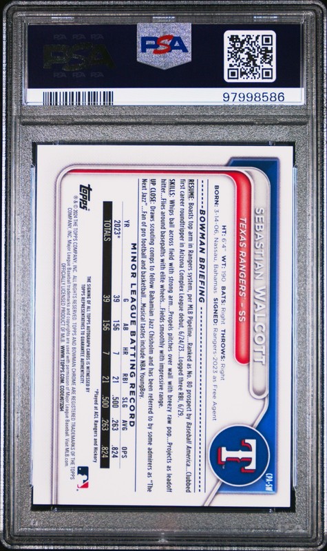 2024 Bowman Chrome Auto Sebastian Walcott PSA 10 Texas Rangers 1st Auto Card view 2