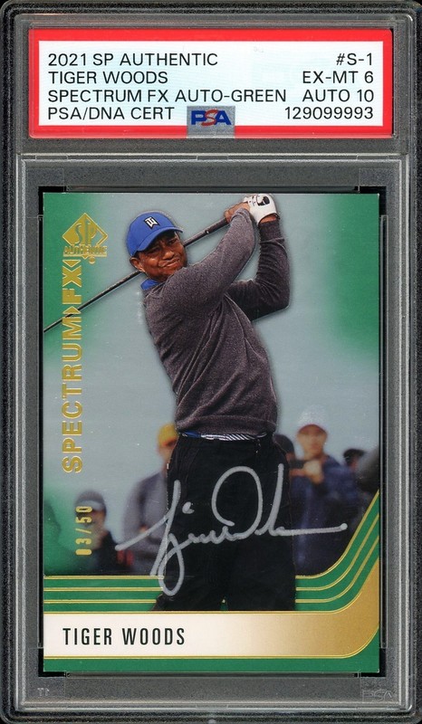 2021 SP Authentic Tiger Woods Auto Spectrum FX Green PSA 6 Auto 10