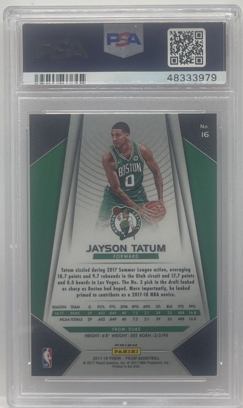 2017-18 Panini Prizm Jayson Tatum #16 Silver Prizm Rookie RC Celtics PSA 9 MINT view 2
