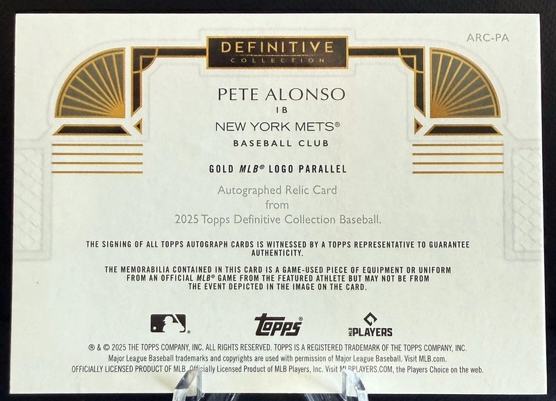 1/1 2025 Topps Definitive GOLD Pete Alonso MLB Logoman Patch Auto 1/1 NY Mets view 2