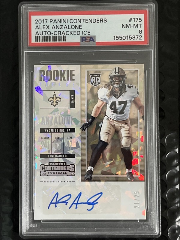 2017 CONTENDERS Football Alex Anzalone #175 RC Ticket Cracked Ice Auto /25 PSA 8
