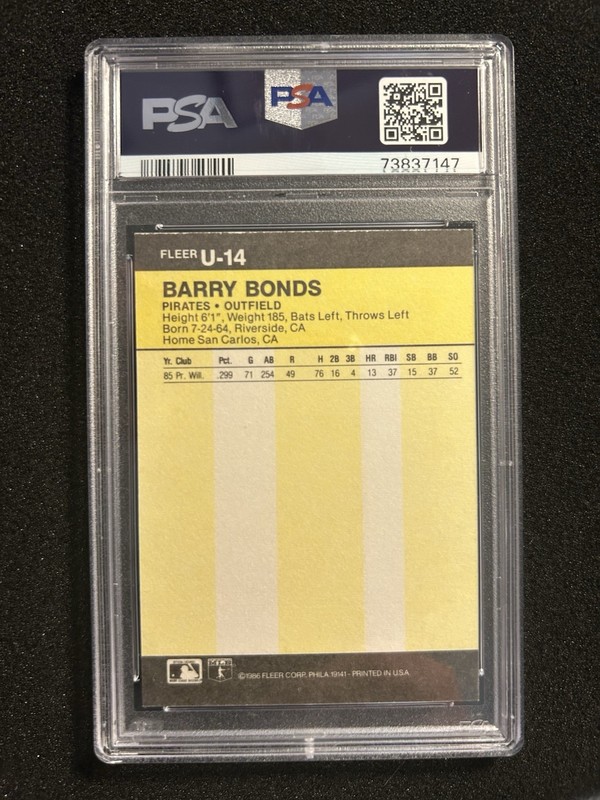 1986 Fleer Update Barry Bonds Rookie RC #U-14 PSA 9 Mint Pittsburgh Pirates view 2