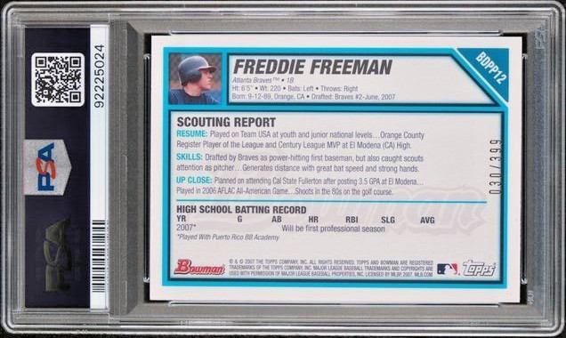 2007 Bowman Draft 1st Prosp Rookie /399 Blue #BDPP12 Freddie Freeman RC SP PSA 8 view 2