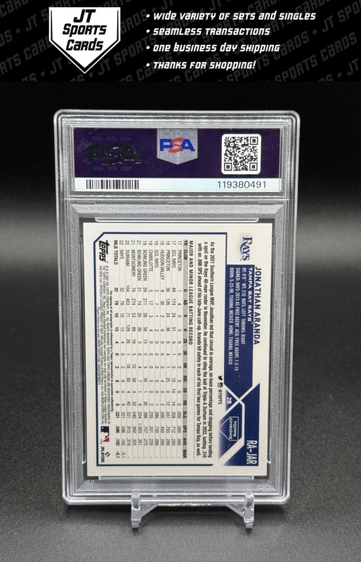 2023 Topps Chrome Jonathan Aranda RA-JAR RC Auto PSA 10 Tampa Bay Rays view 2