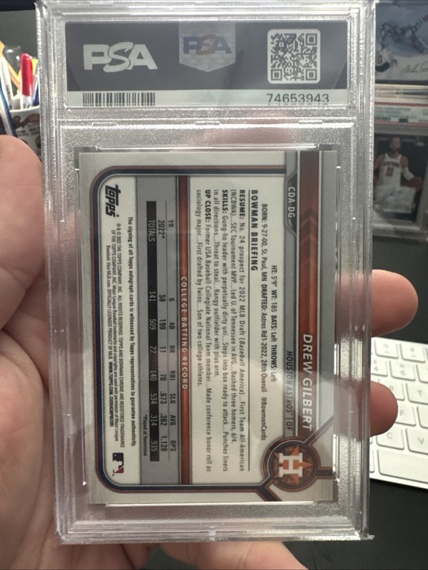 2022 Bowman Chrome Draft Drew Gilbert 1st Auto Purple /250 PSA 9 view 2