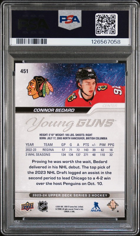 Connor Bedard Rookie 2023 Upper Deck Young Guns RC #451 PSA 9 view 2