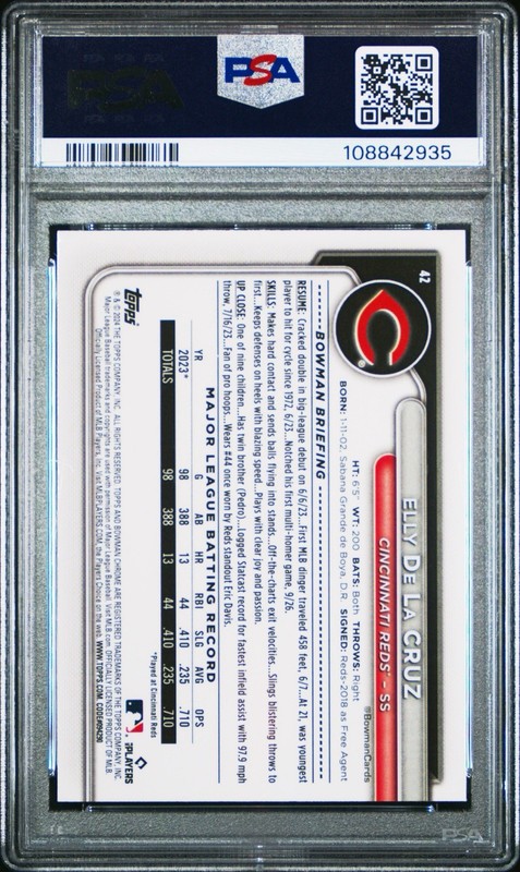 2024 Bowman Chrome Elly De La Cruz Mega Box RC Yellow Refractor #/75 Reds PSA 9 view 2