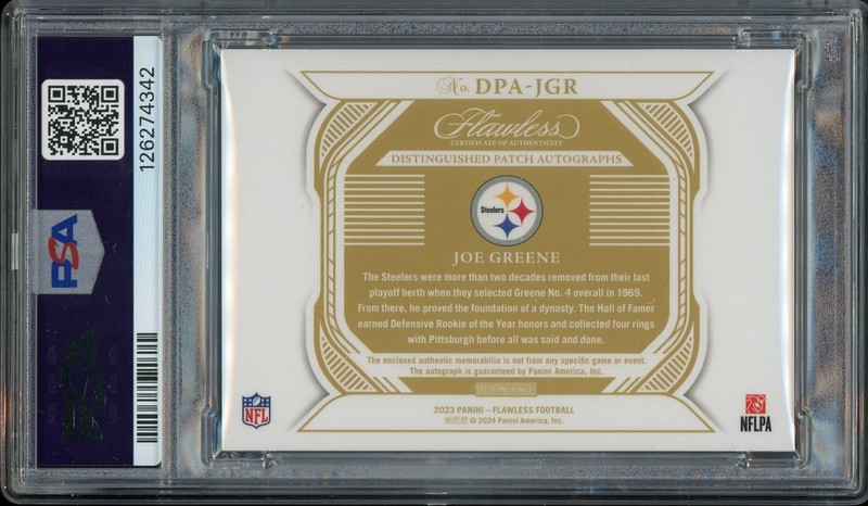 2023 Flawless Joe Greene Patch Auto /15 Ruby Pittsburgh Steelers PSA 8 Auto 10 view 2