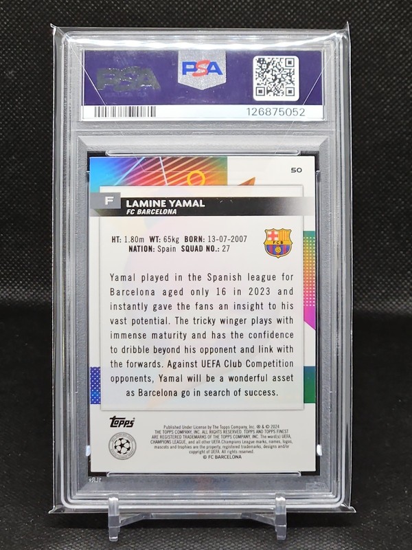 Lamine Yamal Rookie 2023 Topps Finest UCC #50  PSA 8 view 2