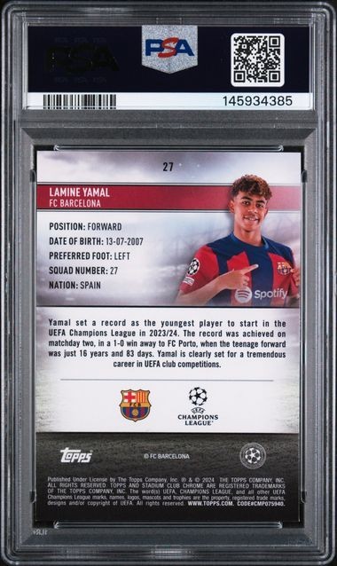 PSA 9 2023-24 Topps Stadium Club Chrome UEFA Lamine Yamal #27 Rookie Card RC view 2