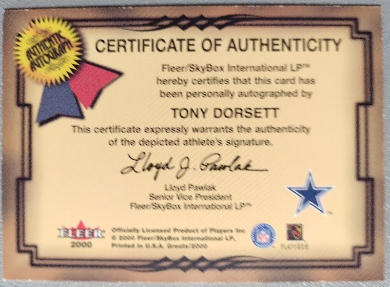 2000 Fleer GREATS of the GAME Auto TONY DORSETT Autograph Hard Signed view 2