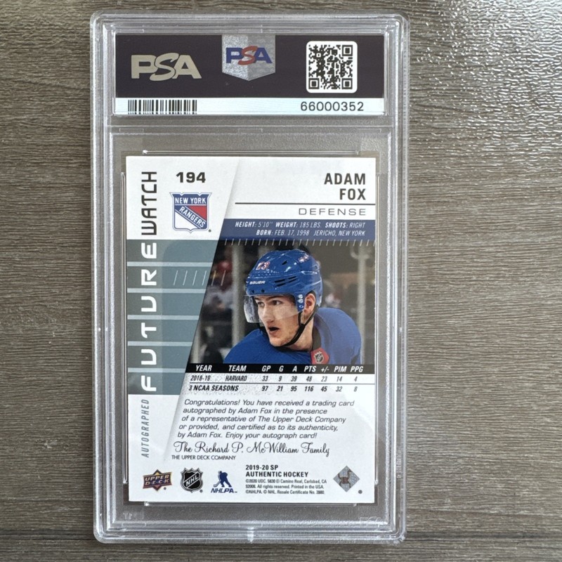 2019 SP Authentic Adam Fox Rookie Future Watch /999 AUTO PSA 9 NY Rangers view 2