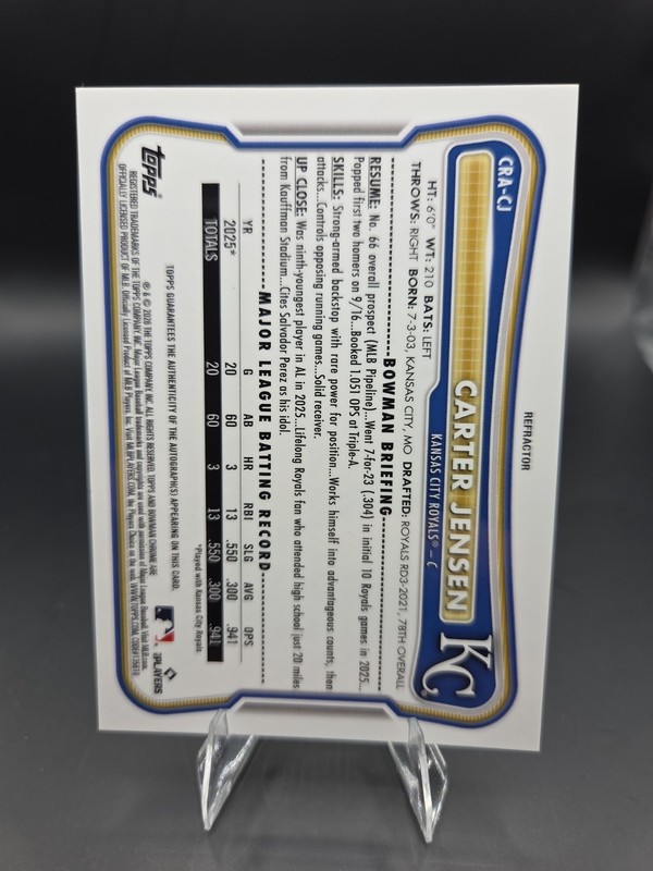 2026 Bowman Carter Jensen ON CARD Auto Autograph RC Refractor /499 Royals Rookie view 2
