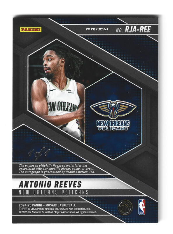 2024-25 Panini Mosaic Antonio Reeves #RJA-REE RC Auto Logoman Patch #1/1 view 2