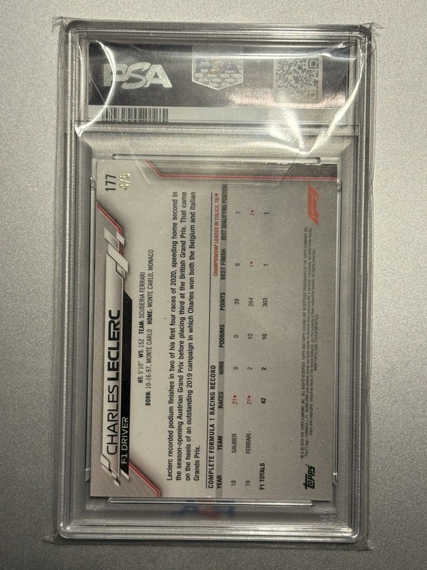 CHARLES LECLERC 2020 Topps Chrome Sapphire F1 RED #177 RC - PSA AUTH - #4/5 view 2