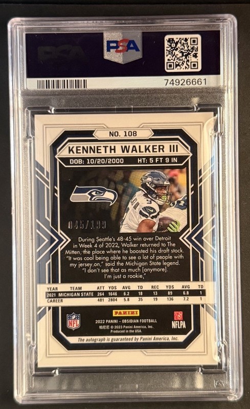 Kenneth Walker III 2022 Panini Obsidian #108 Auto /199 Rookie RC PSA 10 view 2
