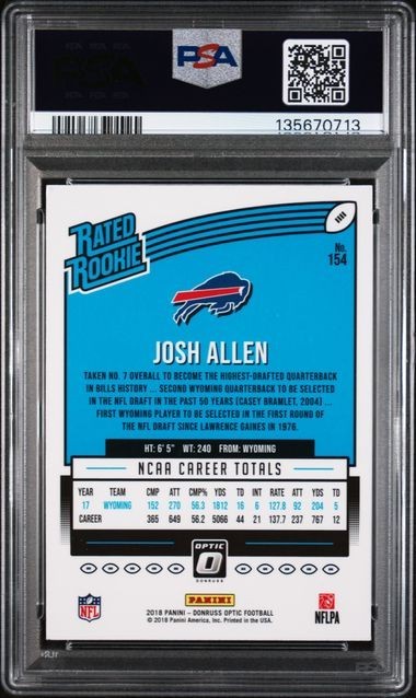 PSA 9 MINT 2018 Donruss Optic - Rated Rookie Josh Allen #154 (RC) view 2