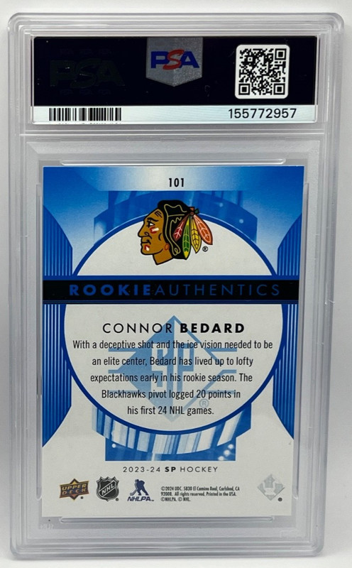 2023-24 SP CONNOR BEDARD Blue Rookie Authentics PSA 10 Gem Mint Blackhawks #101 view 2