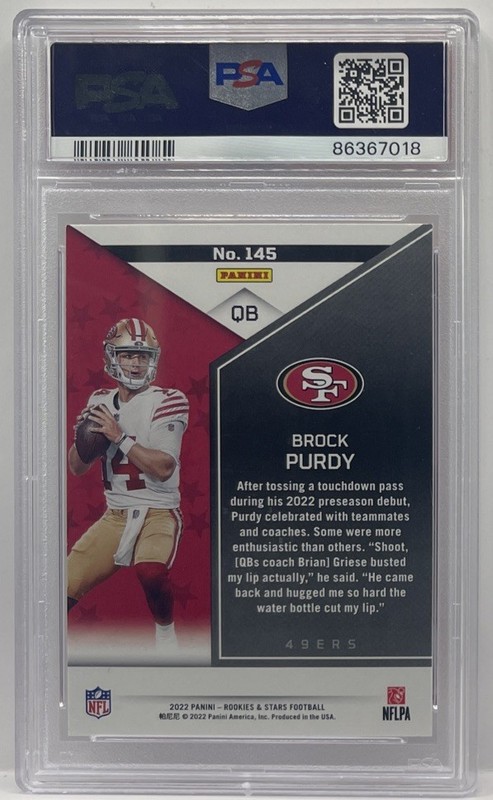 2022 PANINI ROOKIES & STARS RED #145 BROCK PURDY ROOKIE RC PSA 10 GEM MINT 49ERS view 2