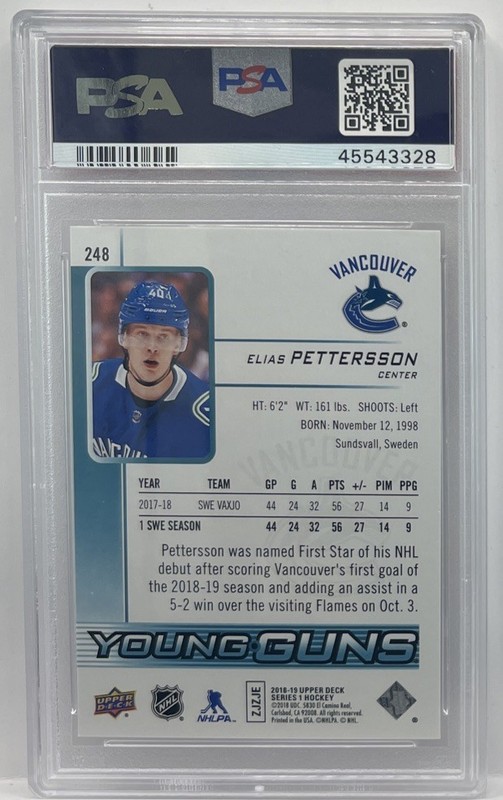 2018-19 Upper Deck Elias Pettersson Young Guns #248 PSA 10 Gem Mint Rookie RC view 2