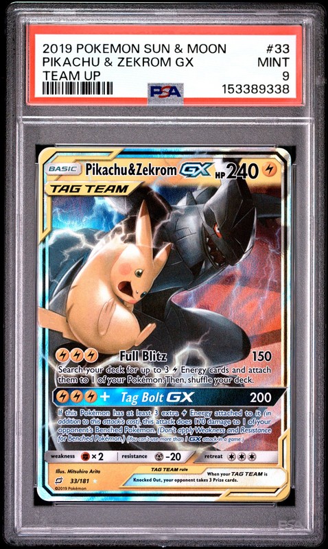 POKEMON PIKACHU & ZEKROM GX 33/181 HOLO SUN & MOON TEAM UP 2019 PSA 9