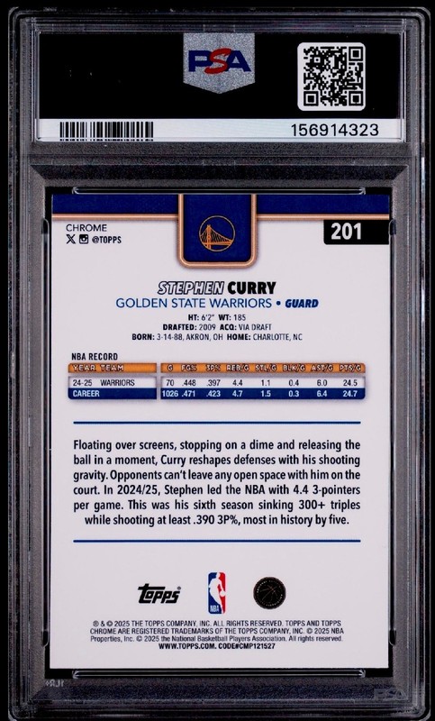 2025-26 Topps Chrome - Stephen Curry #201 Blue Basketball Refractor /150 PSA 10 view 2
