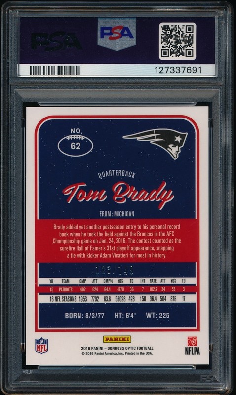 2016 Panini Donruss Optic Tom Brady #62 Blue Prizm #'d /149 Graded PSA 9 Mint view 2