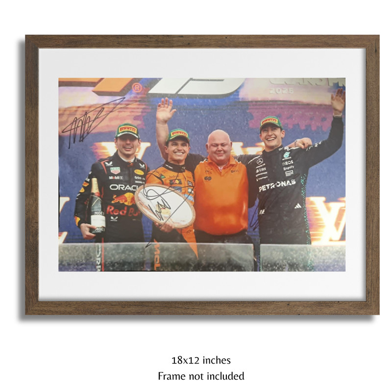Lando Norris, Max Verstappen & Russell Hand Signed F1 BIG Photo PSA Approved COA