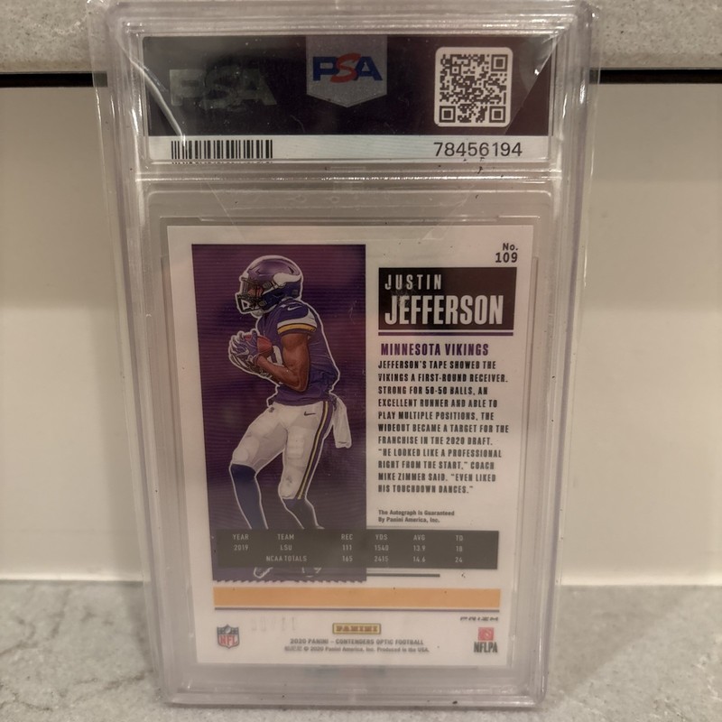 2020 Justin Jefferson Contenders Optic Orange RC Ticket Auto /50 PSA 10 view 2